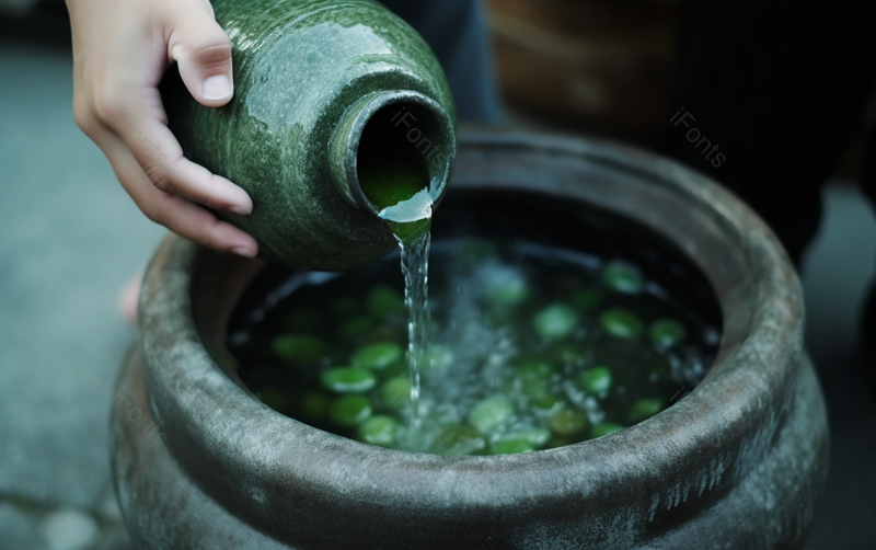 手工制作青梅酒工序清澈的青梅酿酒倒进瓷坛内,高清,摄影图,摄影图片,图片大全,摄影图免费下载